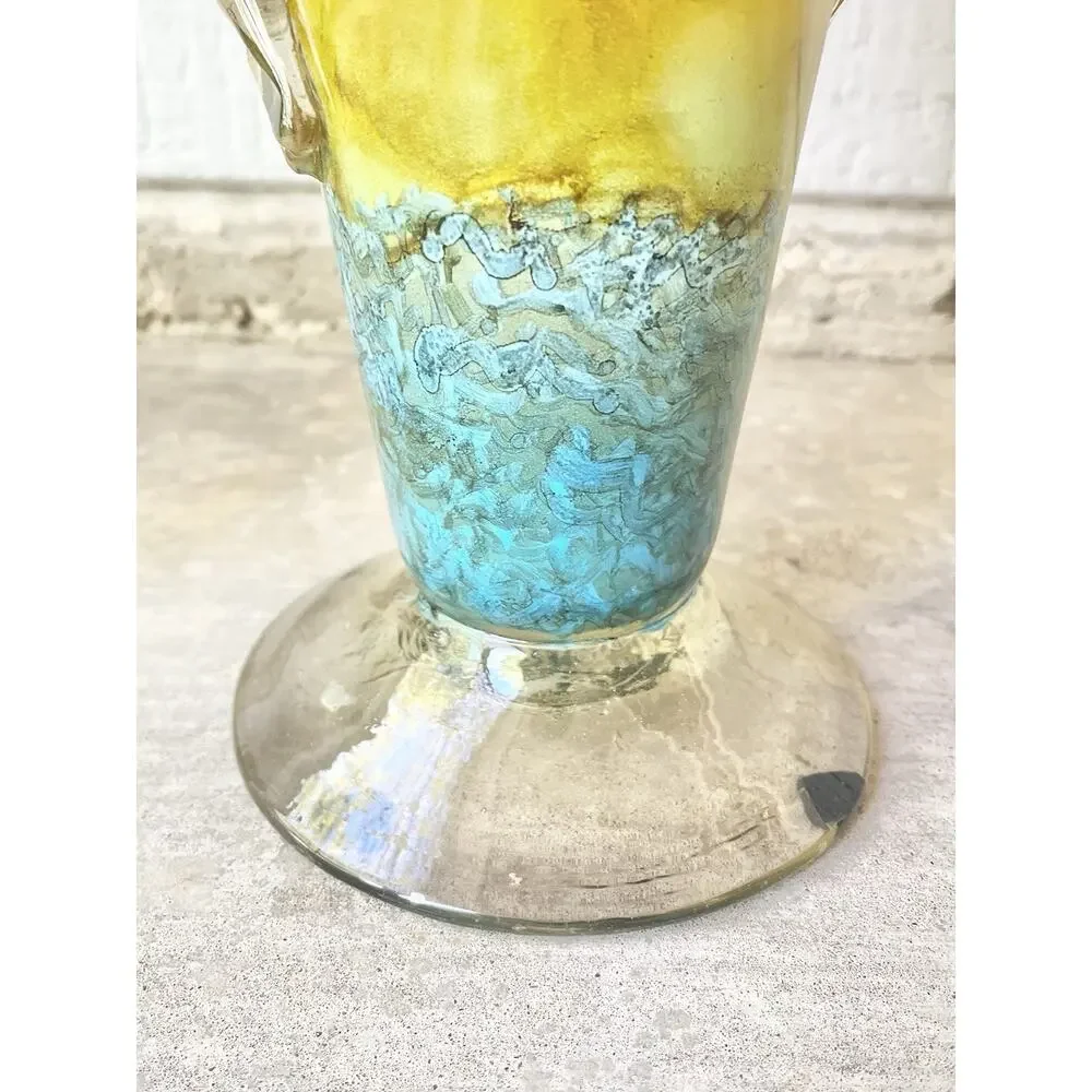 1970s Vintage Murano-Style Handblown Encased Flared Amber Teal Trumpet Vase 17”